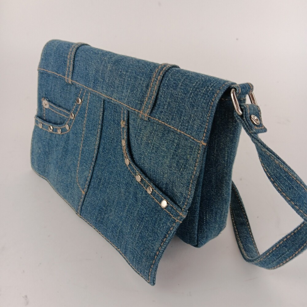 Womens Solid Blue Rectangular Shaped Studded Denim Shoulder Bag - Picture 6 of 13